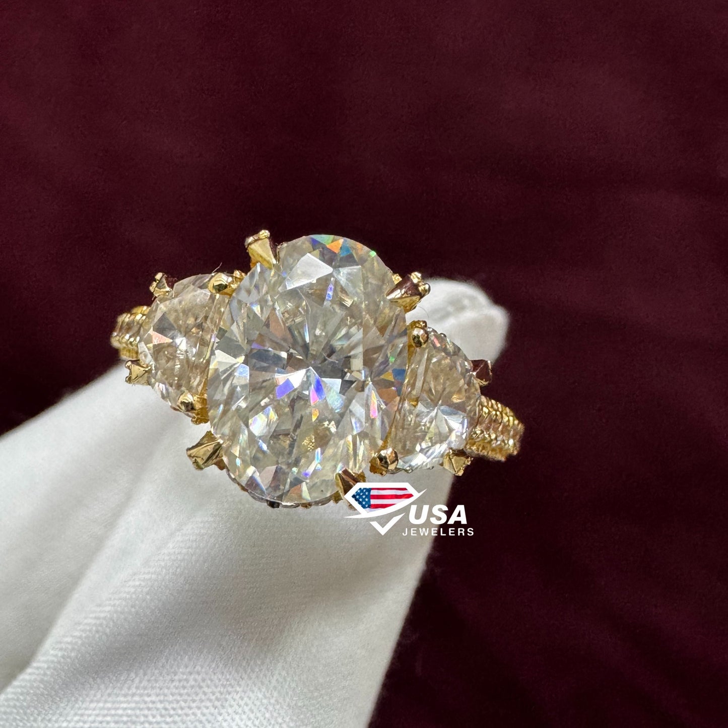 VVS Oval Cut Lab Diamond Three Stone Hidden halo Wedding Ring