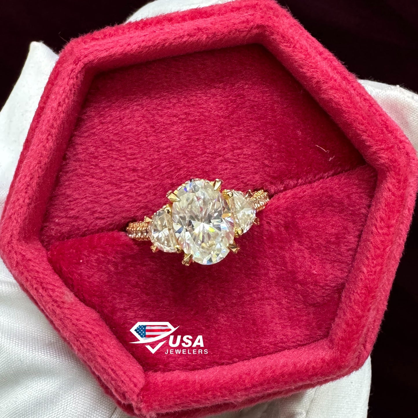 VVS Oval Cut Lab Diamond Three Stone Hidden halo Wedding Ring
